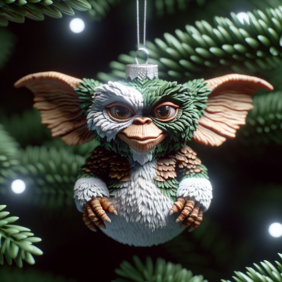 A 3D digital art Christmas ornament designed in the style of a Gremlin.