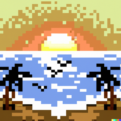 sunny beach scene with palm trees, crystal clear water, and a sunrise with birds, pixel art