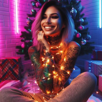 tattoed female smiling wrapped around with garland in cyberpunk neon cozy room near Christmas tree