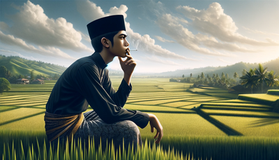 Student in traditional Islamic boarding school attire by the rice field. Wallpaper
