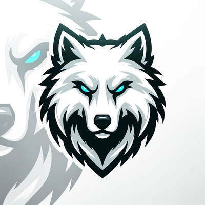 A minimalist mascot logo featuring a fierce Arctic Wolfpack, with their snarling expressions and piercing teal eyes, set against a pristine white backdrop.