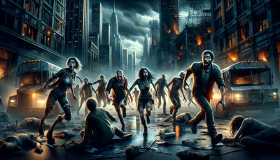 Human survivors fleeing in terror from the zombie apocalypse in the city. Wallpaper